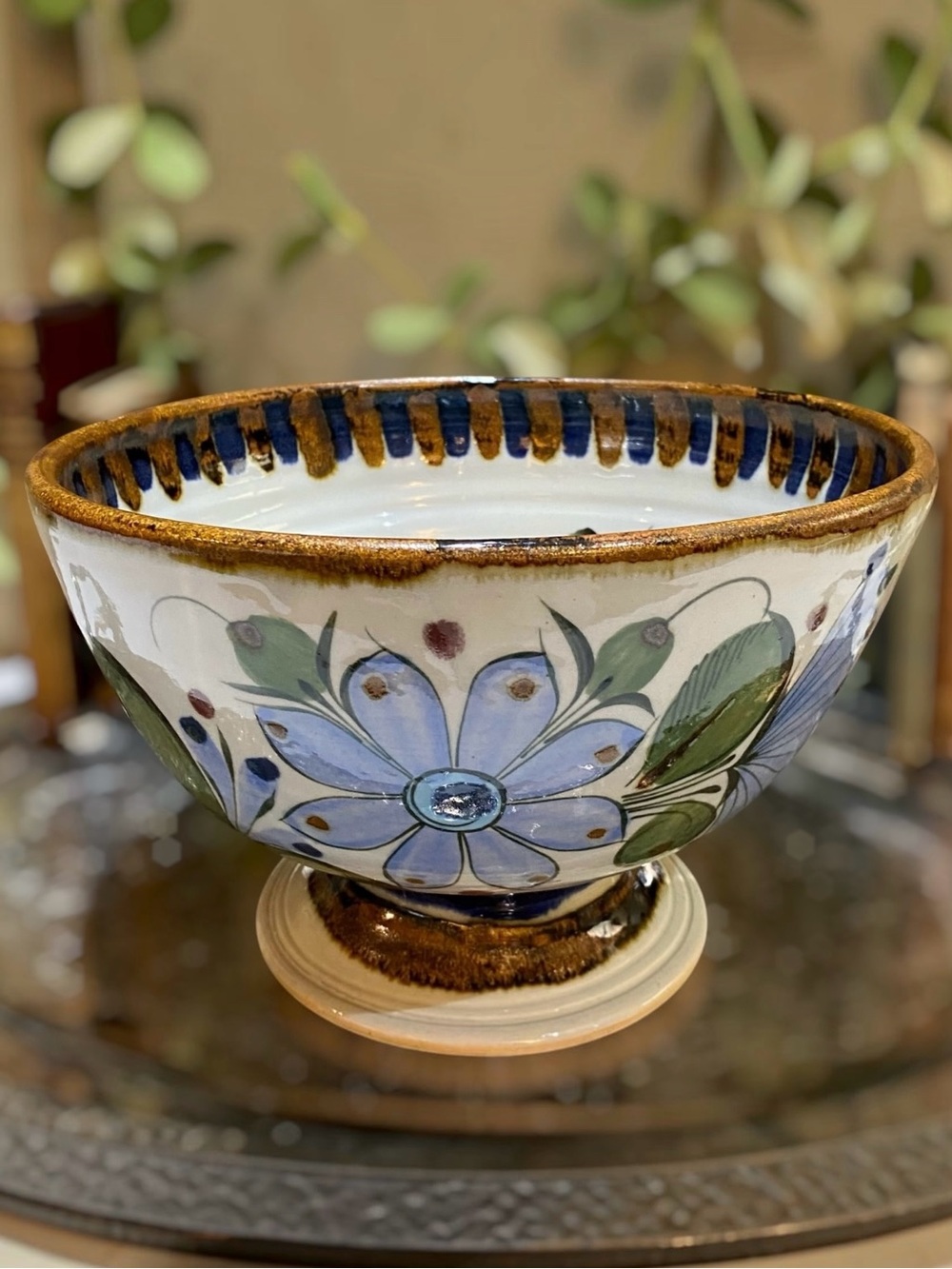 Ken Edwards Tonala Mexico Pottery Stoneware Pedestal Bowl Folk Art Birds Vintage